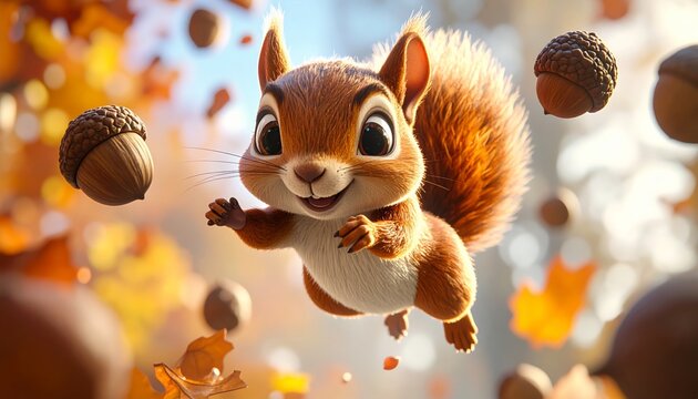 A cartoon squirrel jumping with acorns and leaves.