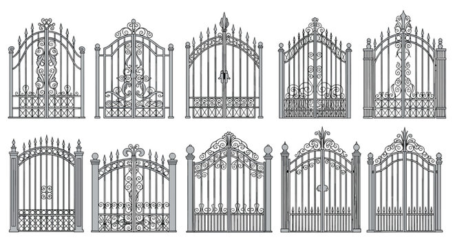 Wrought iron gates set with various decorative metal fence entrance designs in detailed black and white illustration.