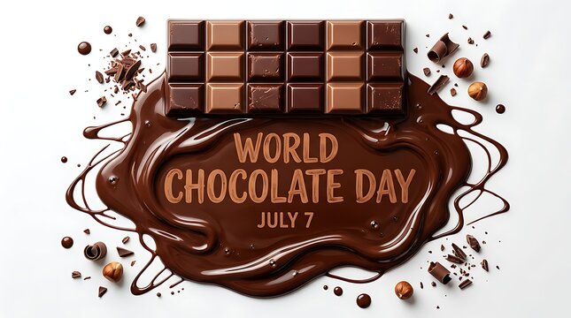 Delicious melted chocolate puddle with chocolate bar for world chocolate day celebration event