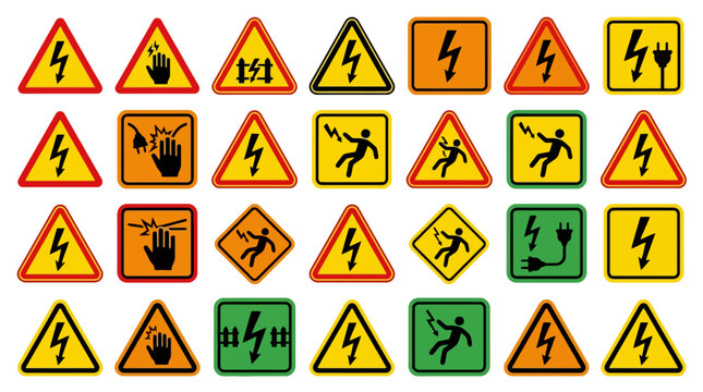 Vector Icons Collection of electrical hazard and high voltage warning signs on white background. EPS Editable