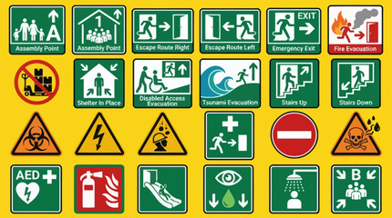 Fototapeta premium Vector Icons Collection of emergency safety signs and hazard warning icons on yellow background. EPS Editable