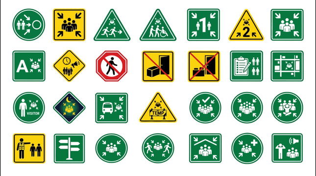 Vector Icons Collection of emergency evacuation and assembly point safety signs vector icons. EPS Editable