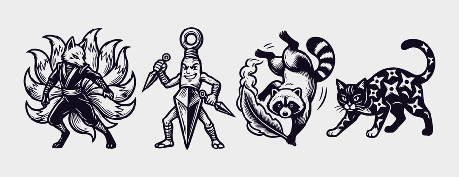 Vintage Ninja Animal Mascot Set with Kitsune, Kunai, Tanuki, and Shuriken Cat