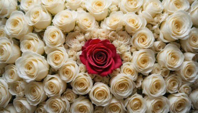 A bouquet of white roses with a single red rose in the center, symbolizing love and romance in a beautiful floral arrangement