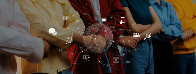 A diverse group of individuals with crossed arms stands together, symbolizing unity and communication in a connected world filled with digital icons. Trope © InfiniteFlow
