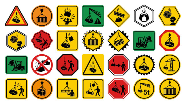 Vector Icons Collection of industrial safety warning signs for overhead crane lifting hazards and falling objects. EPS Editable
