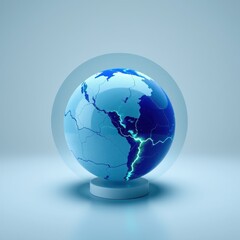 Fototapeta premium Blue globe sits atop pedestal. Light emanates from cracks, suggesting energy or fragility. Minimalist studio setting.