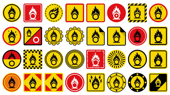 Vector Icons Collection of oxidizing hazard warning stickers and safety signs with flame over circle symbol. EPS Editable