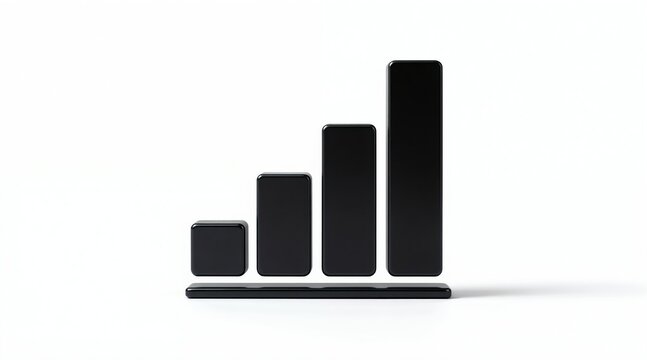 Black bar chart shows business growth. Bars increase in height, indicating upward trend. Simple icon on white background represents data analysis success.