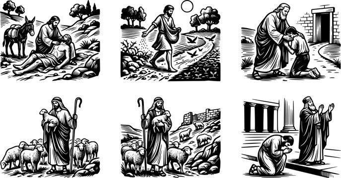 Black and White Biblical Parable Illustration Set with Shepherd, Good Samaritan and Ancient Religious Scenes