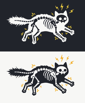 Cartoon illustration of a shocked black cat getting an electric shock with a visible skeleton x-ray effect. Comical and spooky pet vector design.