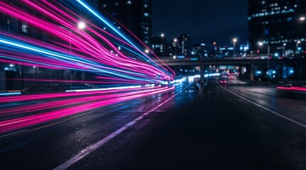 Obraz premium Dynamic Neon Light Trails on City Highway at Night