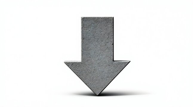 Heavy concrete arrow shape points downward. Solid grey construction object shows direction decline or decrease. Clean white background isolates the graphic symbol.