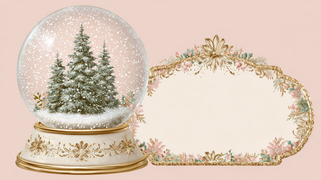 a vintage-style snow globe with fir trees alongside an ornate, blank golden frame, set against a soft, pale background.