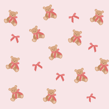A charming seamless pattern featuring cute brown teddy bears sitting with cheerful expressions, each adorned with a bright pink bow. Scattered pink ribbon bows complement the design, creating a playfu