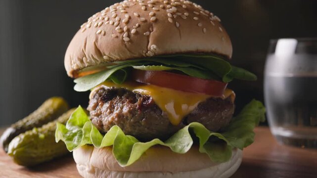 Well crafted Cheeseburger with hamburger patty, lettuce, white onion, tomato and fluffy burger bun infront of an isolated black background