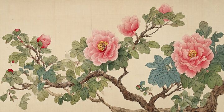 Detailed Ink Painting Pink Peonies Yellow Stamens Green And Blue Green Veined Leaves Gnarled Branches Light Beige Balanced Naturalistic