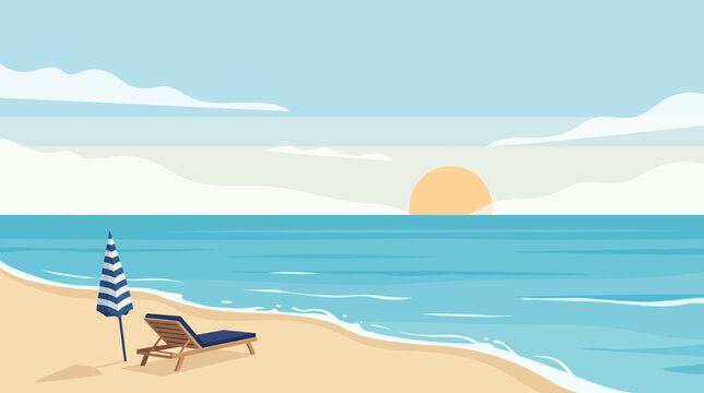 Peaceful summer beach sunset landscape with a lounge chair and striped umbrella
