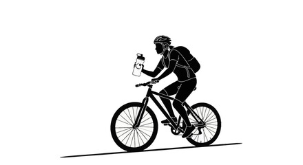 Fototapeta premium Black and white vector silhouette of a male cyclist riding a mountain bike while holding a water bottle, wearing a helmet and backpack, isolated on a white background.