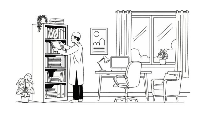 Black and white line art illustration of a young Muslim man wearing a kufi and thobe organizing books on a shelf in a home office featuring a desk, computer monitor, and window.