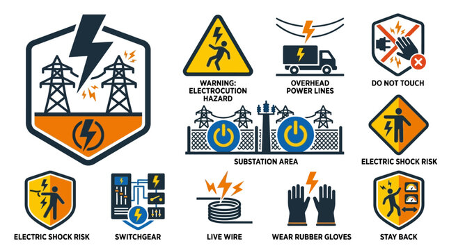 Vector Icons Electrical safety warning signs and high voltage hazard icons vector set. EPS Editable