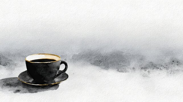 A black cup filled with coffee sits on a matching saucer against a textured, minimalist gray and white background.