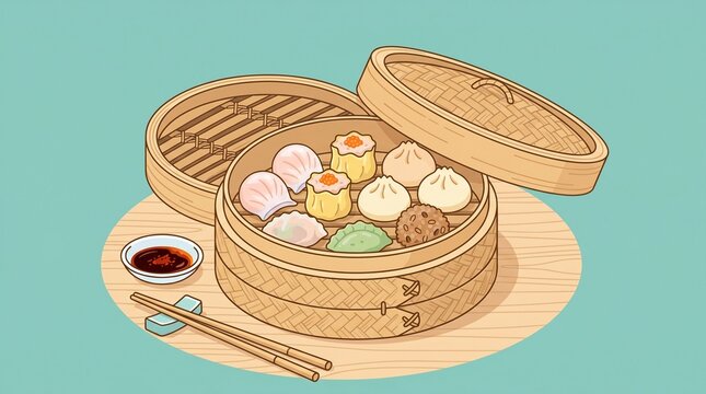 Colorful Dim Sum Illustration in Bamboo Steamer Basket