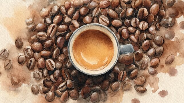 A watercolor painting of a coffee cup surrounded by scattered roasted coffee beans on a light surface.