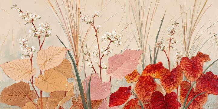 Vertical Painting Variety Plants Pale Light Beige Background Broad Light Orange Brown Leaves Narrow Lighter Beige Leaves Vibrant Orange Red Cockscomb Flowers Thin Light Green Stalks White Five Petal F