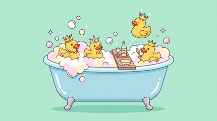 Naklejka premium Cute Rubber Ducks in a Bathtub with Bubbles and Crowns