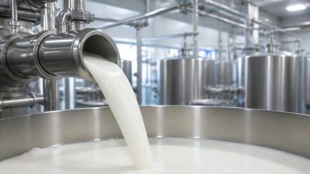 Pasteurized Milk Pouring Into Industrial Dairy Vat. 4K Video