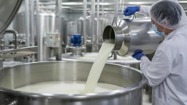 Dairy Technician Pouring Milk Into Processing Tank. 4K Video