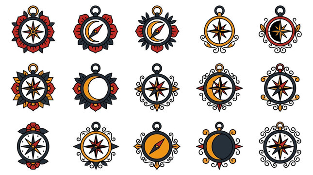 Colorful nautical compass rose and celestial tattoo design collection.