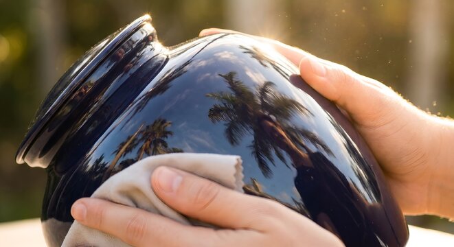 Polishing a Dark Blue Urn: Hands gently polish a lustrous dark blue urn, reflecting the warm sunlight and palm tree silhouettes, suggesting a serene outdoor setting.