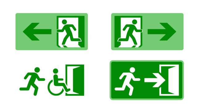 Vector Icons Green emergency exit signs and wheelchair accessibility icons set. EPS Editable