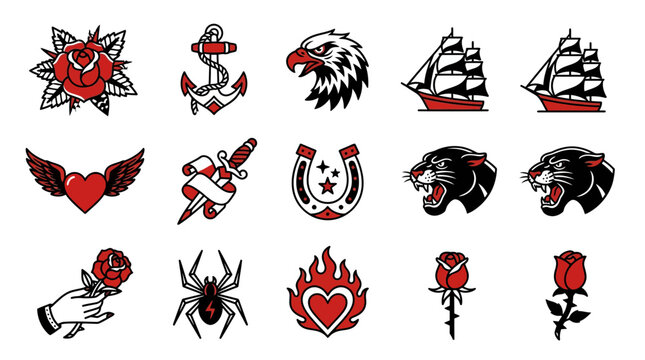 Colorful old school tattoo flash icons on white background.