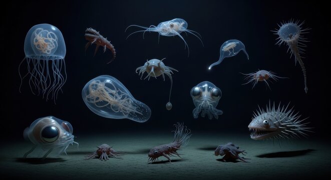A Collection of Deep-Sea Plankton Creatures in Dark Water