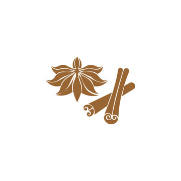A clean, stylized vector icon depicting star anise and cinnamon sticks, representing natural spices, culinary ingredients, aromatherapy, and warming flavors.