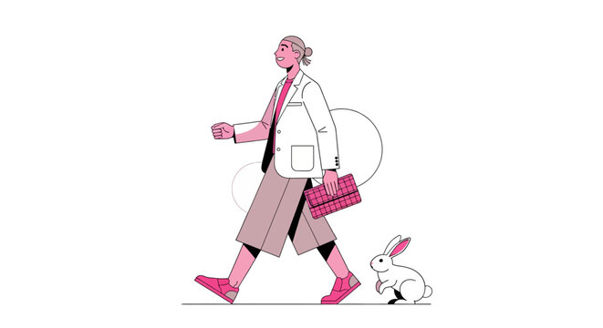 Woman in lab coat walking with white rabbit illustration.