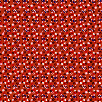Ditsy print Small colorful summer flowers isolated on a red background Modern simple floral, botanical, natural pattern Minimalist, cartoon style Flat design Fabrics, textiles, wrapping papers