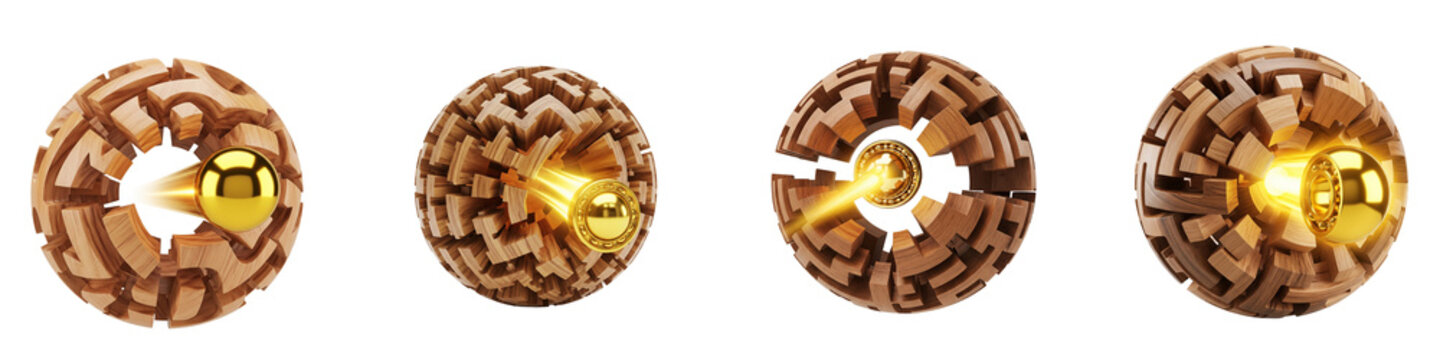 Four spheres made of wooden maze blocks with glowing gold metal balls inside