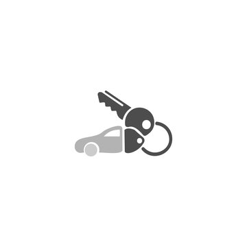 A clean, stylized vector icon combining a car silhouette with a key on a keyring, representing vehicle access or car sales.