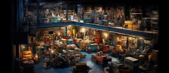 Naklejka premium Vast Cluttered Industrial Warehouse Interior