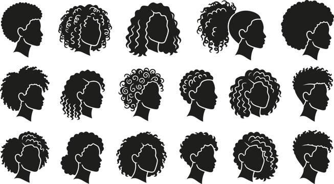 Collection of black silhouette profiles of people with various curly and natural hairstyles.