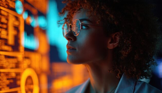 Woman with curly brown hair and clear glasses looking at a glowing digital screen with data visualization in a dark room with neon orange and blue lighting