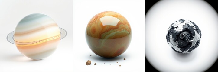Fototapeta premium Planetary representations shown. Spheres depict gas giants, rocky worlds, craters, rings, textures, light reflections. Visuals suggest space exploration themes.