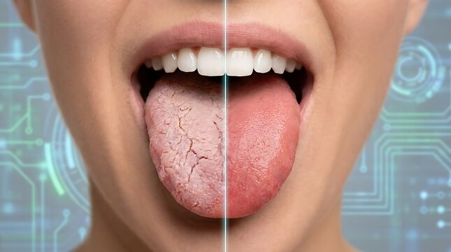 Split view of healthy and dry cracked tongue dry tongue