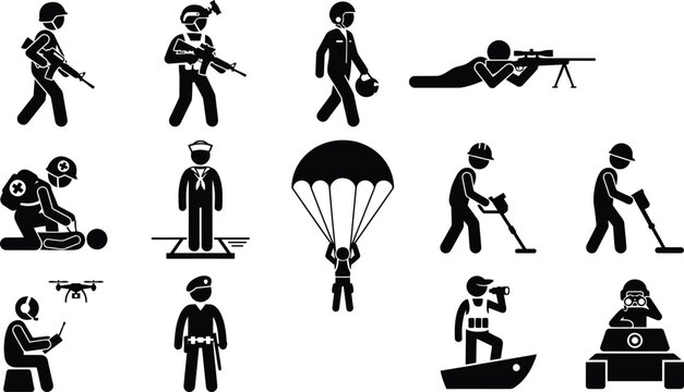 Set of military and soldier icon stick figures in various actions.