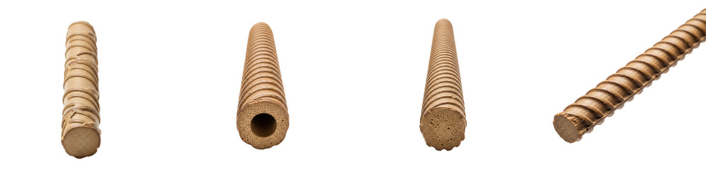 Four variations of brown textured porous cylindrical food sticks isolated