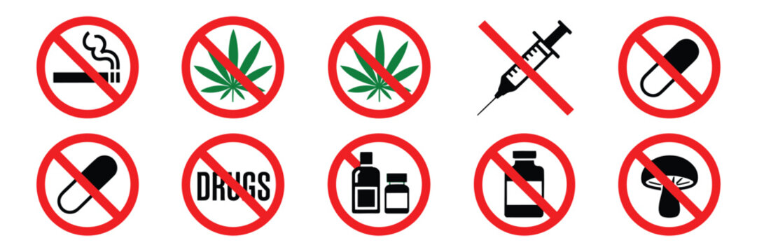 Drug Prohibition Pictogram Set Vector Featuring No Smoking, No Alcohol, and No Pills Warning Symbols with Red Stop Signs